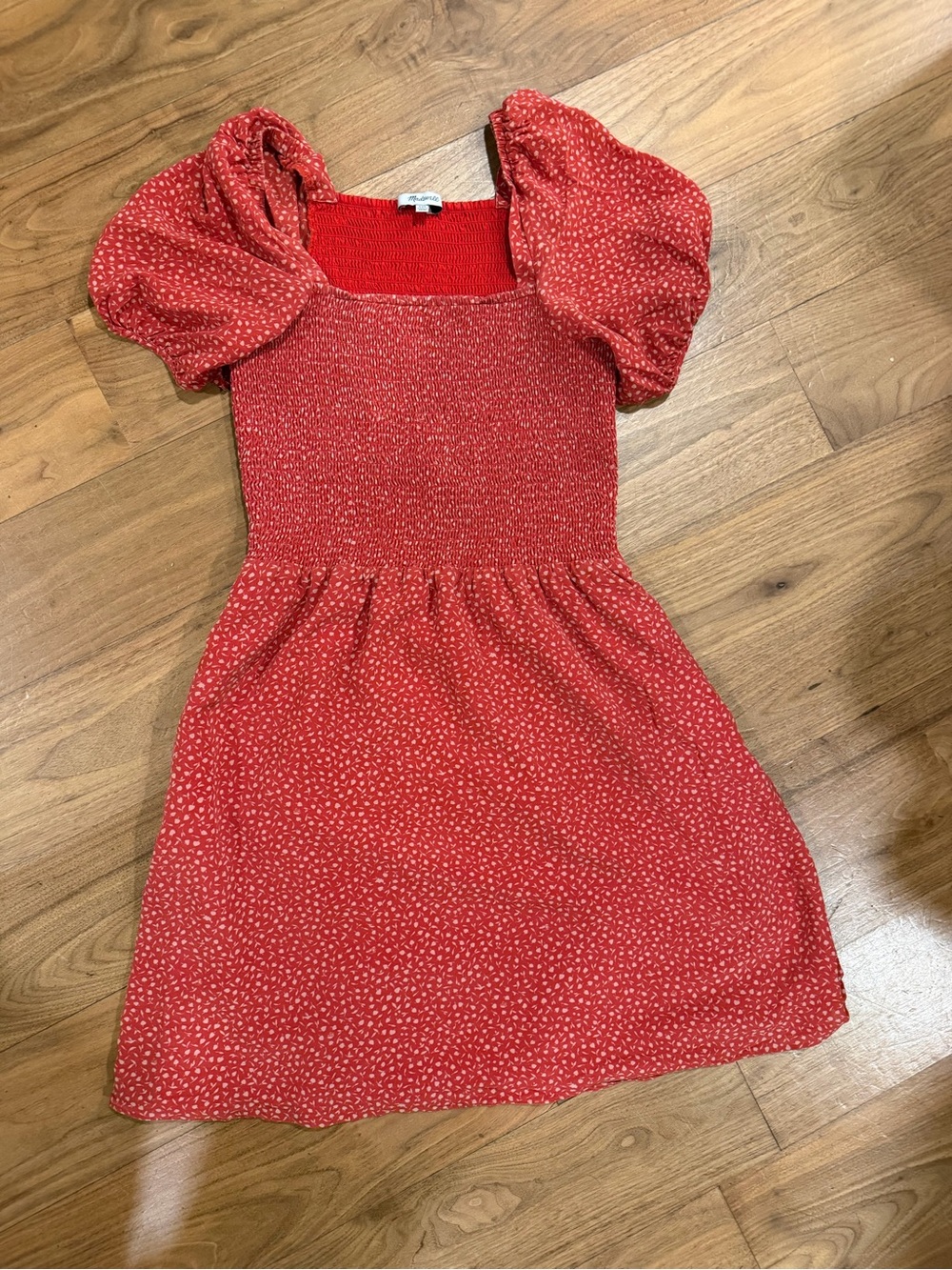 Madewell Red Puff-Sleeve Smocked Dress